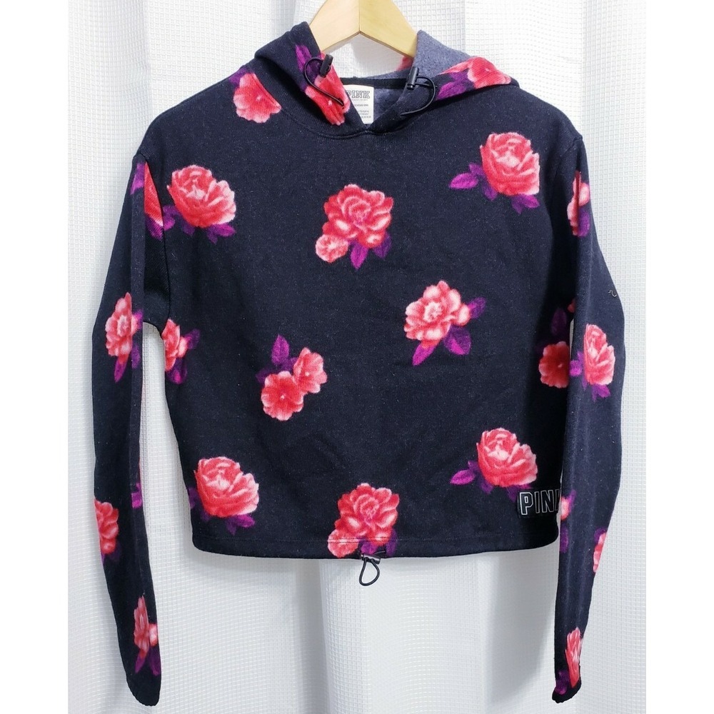 PINK Victoria's Secret Women XS Floral Rose Polar Fleece Cropped Hoodie Y2K - Picture 2 of 7